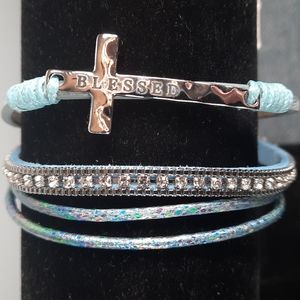 Blue Leather Silver Cross Religious Engraved Blessed Magnetic Closure Bracelet